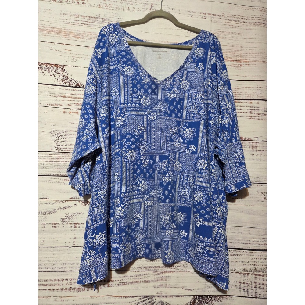 Woman Within Blue Floral Patchwork V-Neck Cotton Tunic Top Plus Size 6X 42/44